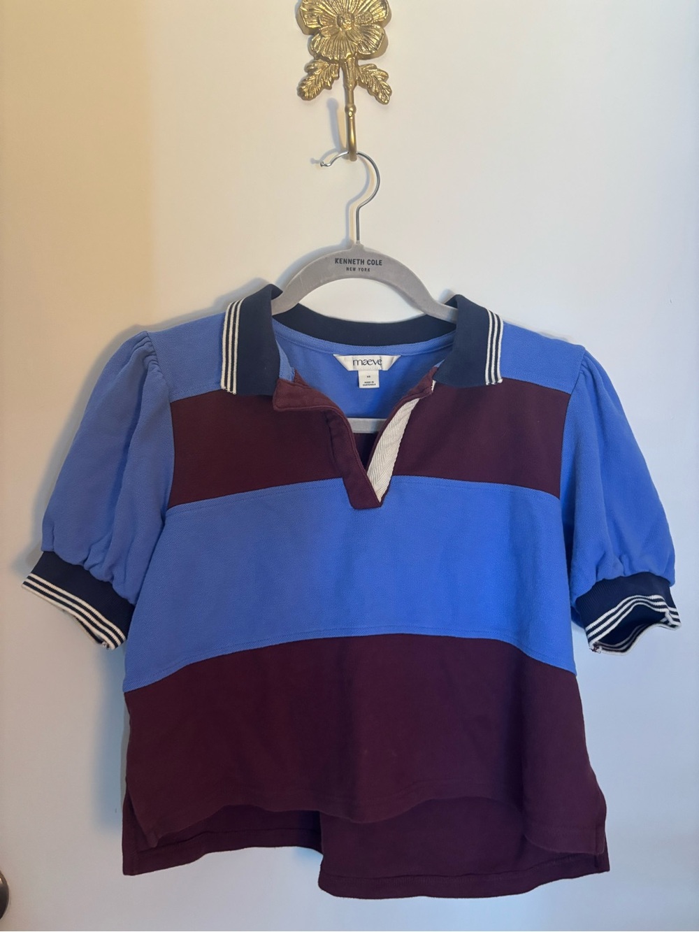 Maeve Anthropologie Blue & Burgundy Colorblock Polo Top XS